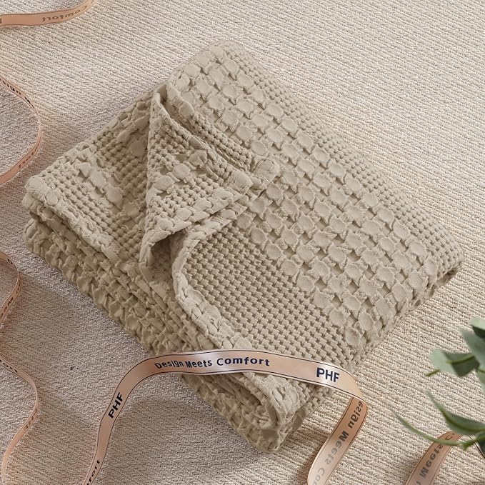 PHF 100% Cotton Waffle Weave Throw Blanket, Soft Lightweight Breathable Cozy Throws for Couch Bed Sofa, 300 GSM Luxury Aesthetic Blanket Gift for Home Decor & Office, 50"x60", Taupe