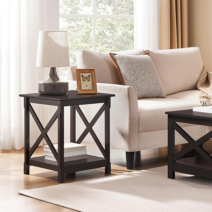 Yaheetech X-Design End Tables Set of 2, Sofa Side Table with Storage Shelf, 2 Tier Side Stand Small Table for Living Room Sofa Study, Easy Assembly, Dark Coffee