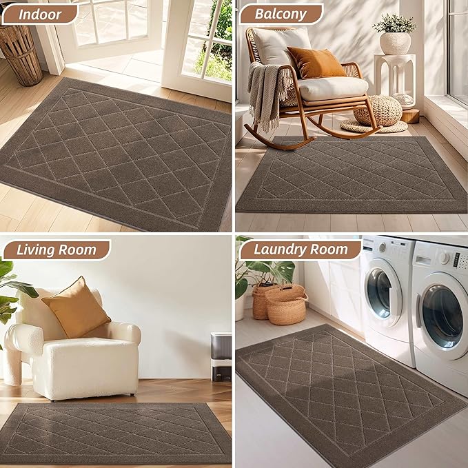 BEQHAUSE Dirt Trapper Door Mat 20" x 32", Doormat Non-Slip Entryway Rugs Washable, Dog Door Mat Stain Resistant and Absorbent Welcome Floor Mat for Front Back Door, Mud Wet Shoes & Paws, Light Brown