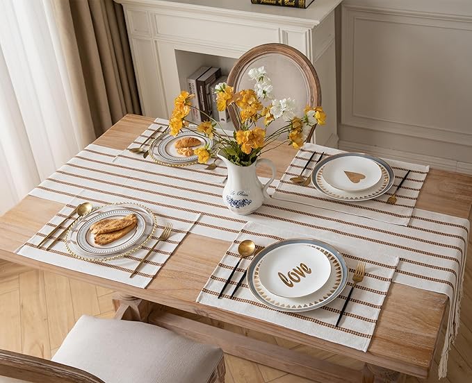 Caflife Boho Farmhouse Placemats Set of 6, Brown Stripes Cotton Linen Woven Table Mats for Modern Dining Table, 13x19 Inch Rustic Kitchen Decor Place Mats