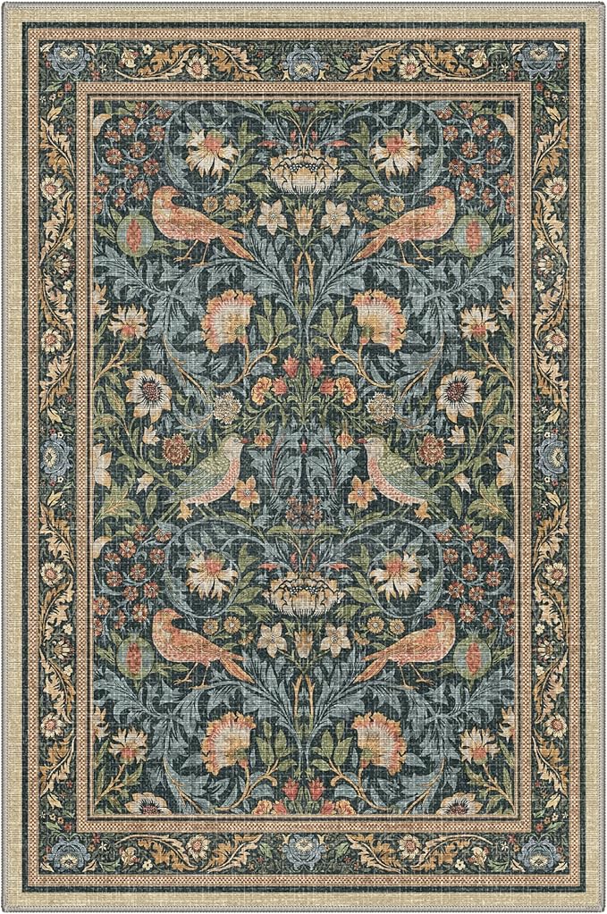 Bavni Boho 2x3 Washable Entryway Rug, Botanical Vintage Bird Door Mat Non Slip, Low Pile Soft Thin Blue Green Carpet Stain Resistant, Small Floral Area Rugs for Bedroom, Bathroom, Laundry, Kitchen