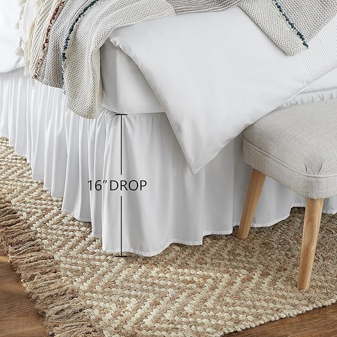 Amazon Basics Lightweight Ruffled Bed Skirt, Classic Style, Soft and Stylish 100% Microfiber with 16" Drop, Machine Washable, Wrinkle Free, Queen, Bright White, Solid