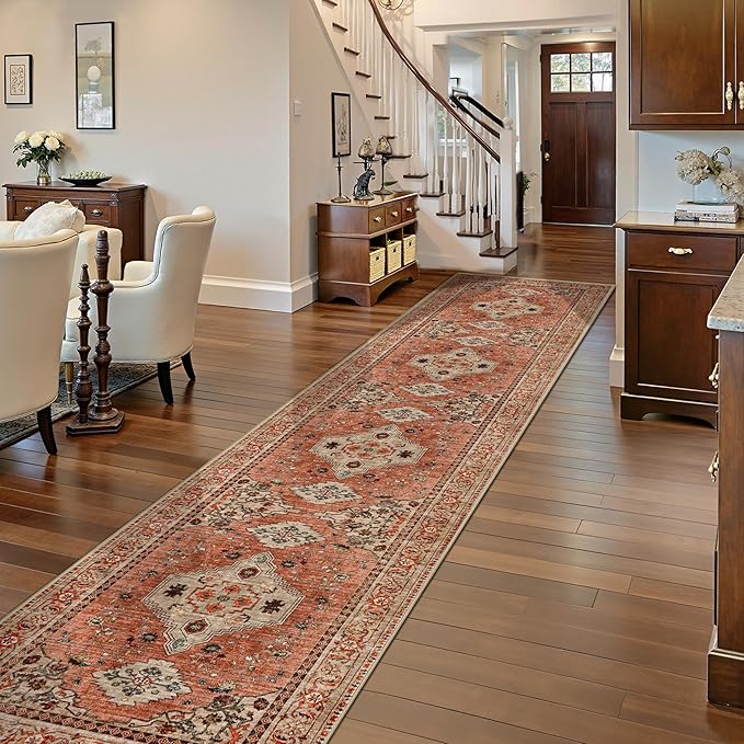 Tangsoo Boho Hallway Runner Rug 2.6x14 Washable Runner Rug for Hallways, Non Slip Vintage Soft Low Pile Long Rug Runner, Oriental Terracotta Carpet Runners for Kitchen Bedroom Entryway Living Room