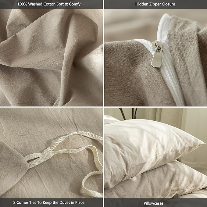 MooMee Bedding Duvet Cover Set 100% Washed Cotton Linen Like Textured Breathable Durable Soft Comfy (Solid Light Camel, Queen 90"x90")