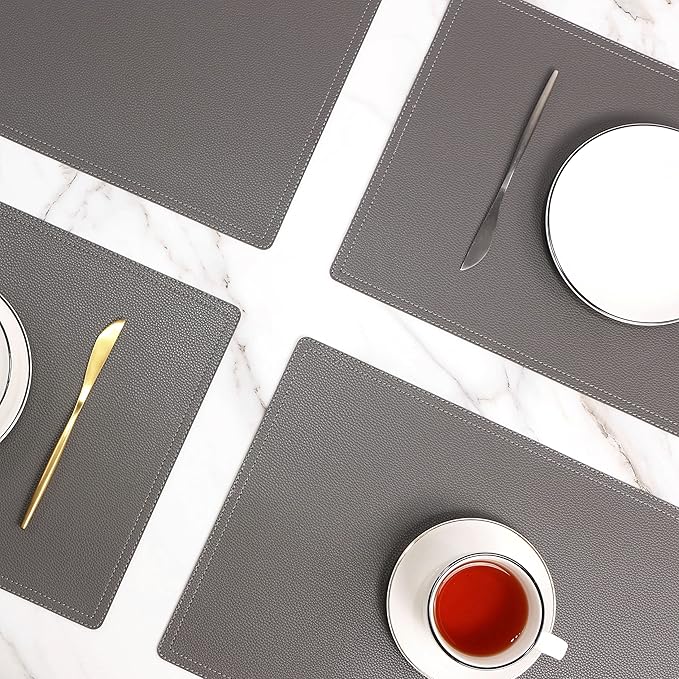 Set of 4 Faux Leather Placemats, PU Table Mats, Waterproof, Stain Resistant, Heat Resistant, Non-Slip Easy to Clean for Kitchen Dining Table,Conference Table C Grey Rectangle