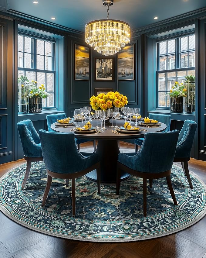 RELEANY Area Rugs 5ft Washable Non-Slip, Floral Vintage Distress Print Pattern Medallion Carpet for Living Room Bedroom Dining Room, Teal Green Lake Blue Turquoise