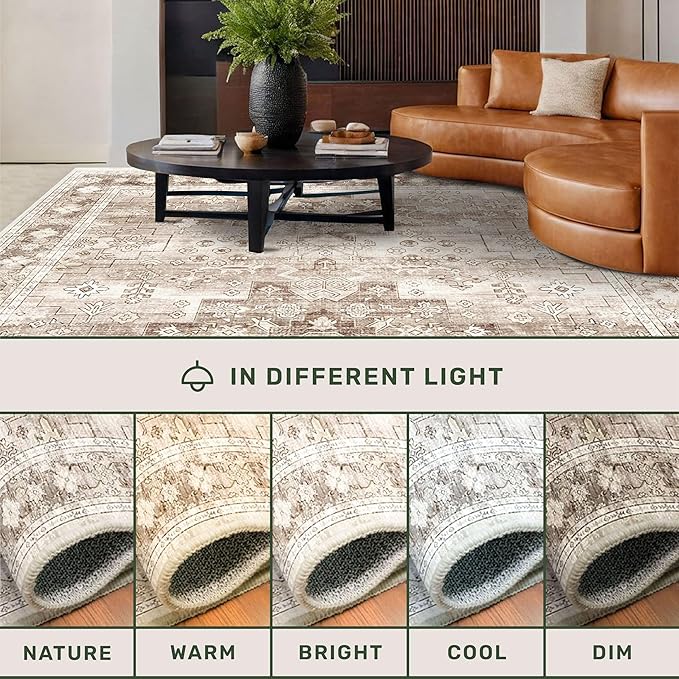 Washable Neutral Farmhouse Large Entryway Rug, 3x4 Area Rugs for Kitchen, Bedroom, Nursery Room, Boho Vintage Floral Non-Slip Throw Rug Low Pile Stain Resistant (3x4 Beige/Latte)