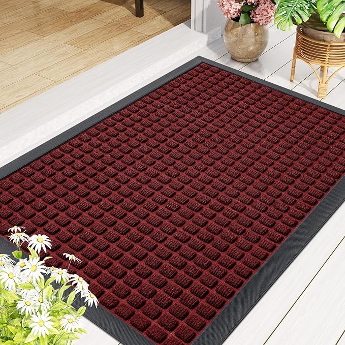 Smiry Front Door Mat Outside Entrance, Heavy Duty Natural Rubber Doormat, Non Slip, Trap Dirt and Moisture, Easy Clean, Low Profile Welcome Floor Mats for Indoor Outdoor Entry, 59x34 Inch, Red