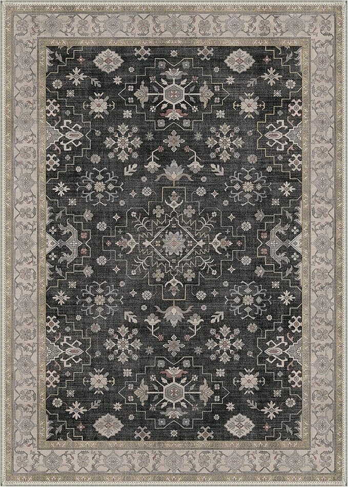 GENIMO 2'6‘’x7 Runner Rug,Machine Washable Non-Slip Vintage Rugs,Low Pile Lightweight Carpet for Bedroom,Hallway,Entryway,Kitchen,Bathroom,Black