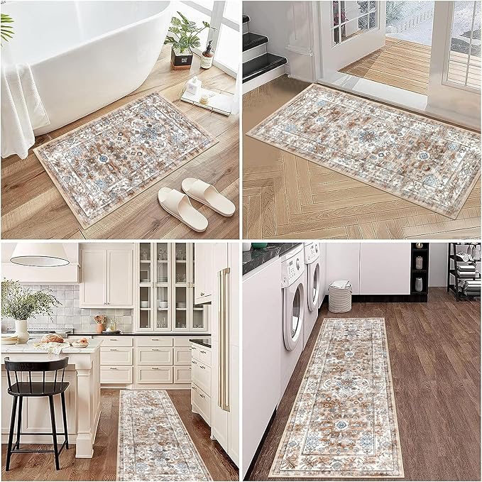 Pauwer Kitchen Rugs Sets of 3 Non Slip Washable Kitchen Mats for Floor Farmhouse Kitchen Floor Mat Runner Rug Boho Kitchen Sink Rug Carpet for Kitchen Hallway Laundry Room, Vintage Cream Tan