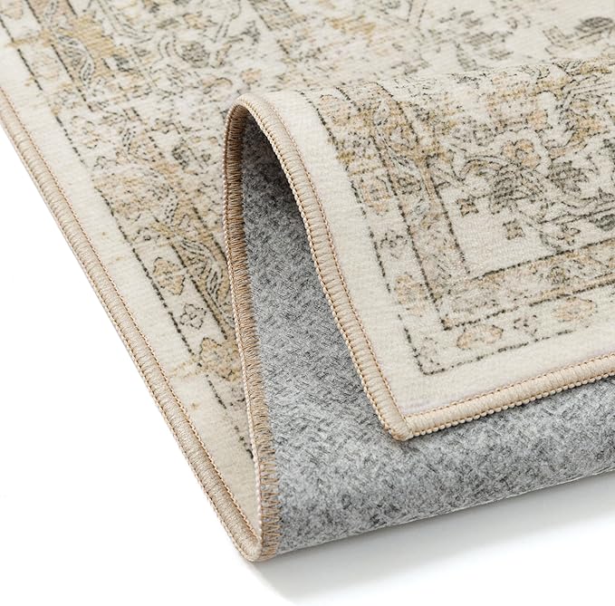 PureCozy 5x8 Washable Area Rug Beige Vintage Distressed Living Room Carpet for Office Oriental Soft Thin Indoor Retro Non Slip Low Pile Floor Cover for Ding Room Bedroom Laundry Dorm