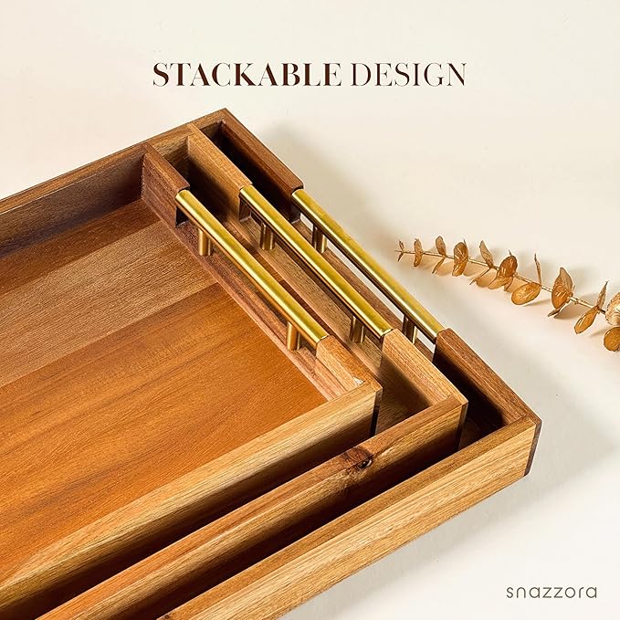 3 Pcs Acacia Wood Serving Trays with Golden Steel Handles 18", 16" & 14" with 6 Coasters - for Coffee Table, Ottoman in Living Room, Breakfast in Bed, Jewelry, Decorative, BBQ, Charcuterie