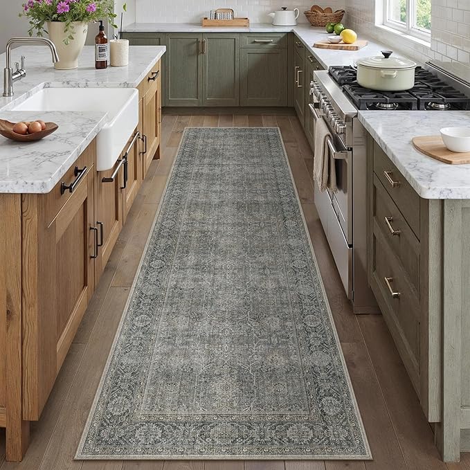 PureCozy Grey Brown Runner Rug 2x8 Vintage Carpet Hallway Long Indoor Kitchen Washable Living Room Low Pile Traditional Distressed Retro Accent Throw Rug Non Slip Laundry Bathroom Office Dining Room