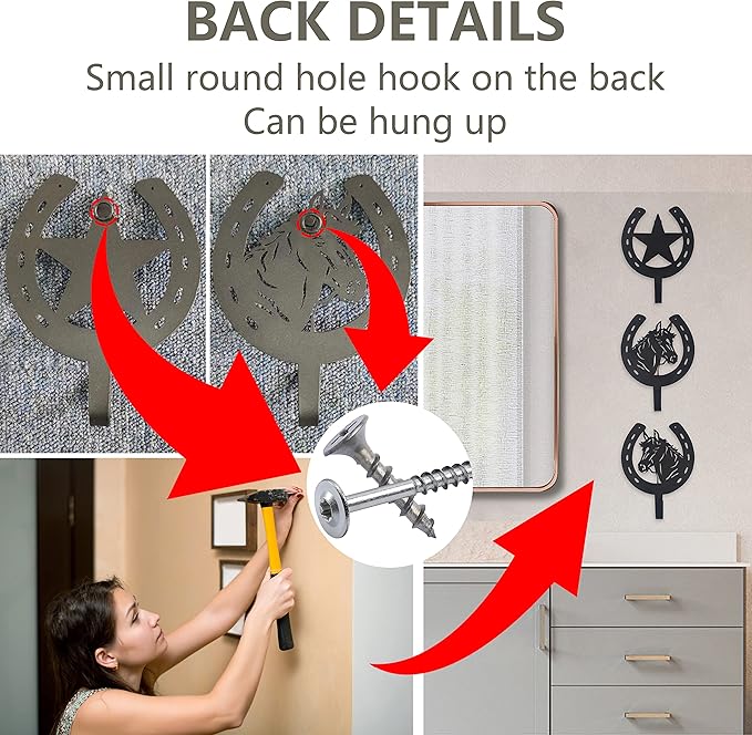 3PCS Horse Star Rustic Ranch Horse Head Hook Coat Hooks, Key Hooks