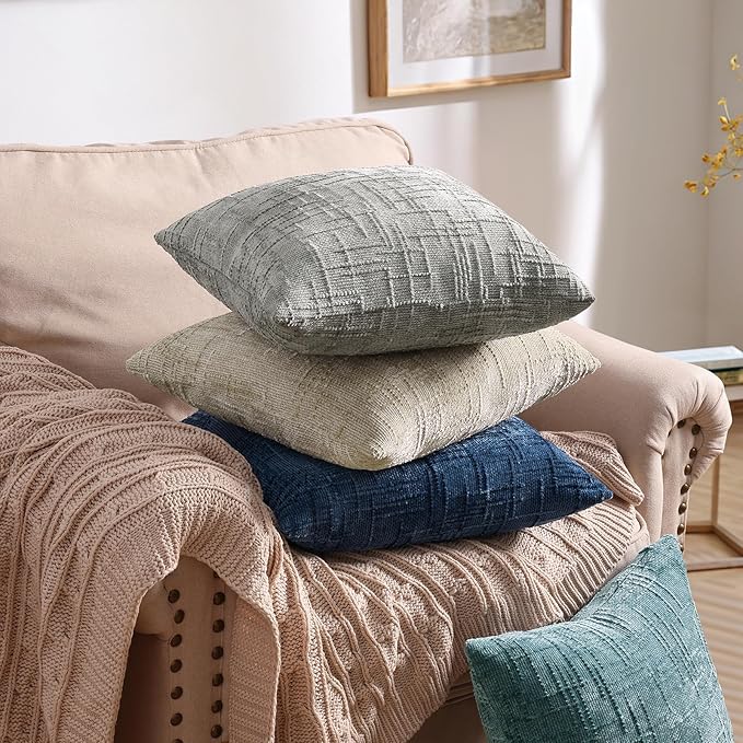 decorUhome Neutral Grey Chenille Throw Pillow Covers 16x16 Set of 2 Textured Slubby Couch Pillow Covers Farmhouse Accent Modern Neutral Decorative Pillow Cases for Bed Sofa Living Room