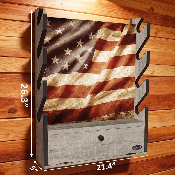 Rush Creek Creations Gun Rack, Wall Mount Gun Rack for Rifles or Shotguns, Patriotic American Flag Design, Additional Storage for Gun Accessories
