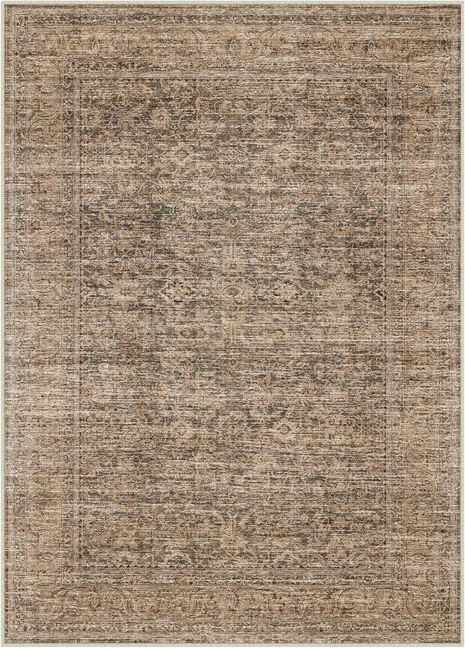 PureCozy 3x5 Area Rug Brown Machine Washable Entryway Office Vintage Distressed Non Slip Carpet Indoor Small Low Plie Thin Bedroom Kitchen Retro Accent Throw Rug Door Mat Entrance Bathroom Living Room