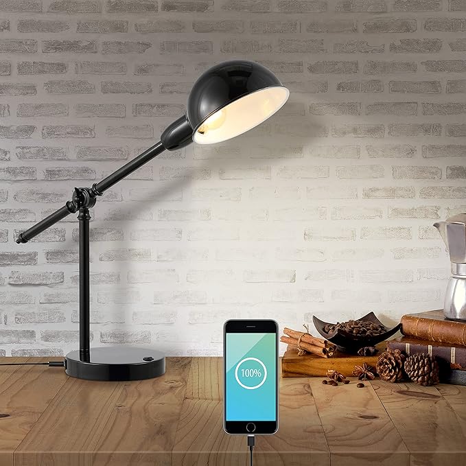 JONATHAN Y JYL7123A 20.25" Industrial Desk Lamp with USB Port, Vintage Black Metal Task Lamp with Adjustable Dome Shade for Home Office Reading, Bedside Nightstand Lamp for Bedroom, LED Bulb Included