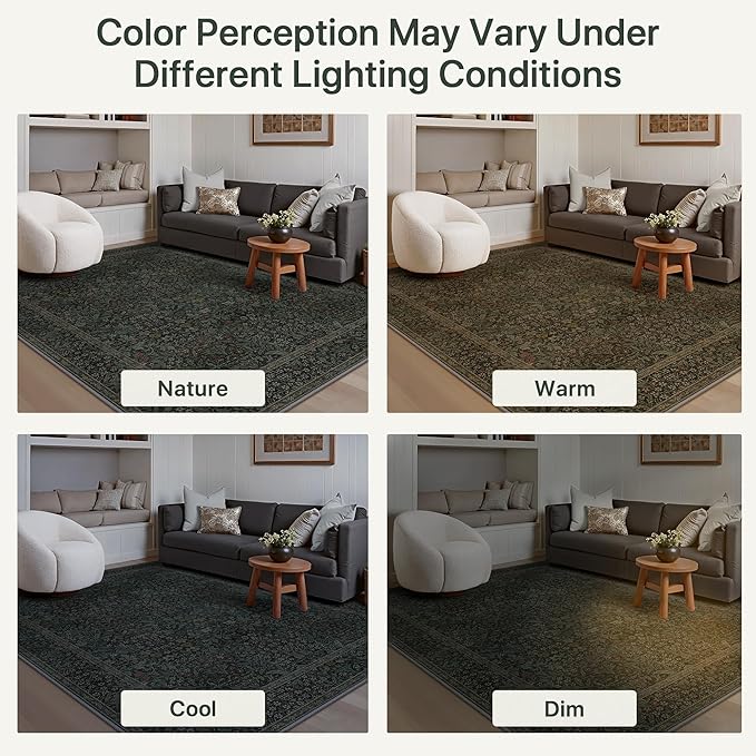 GENIMO 8x10 Area Rug for Living Room, Washable Vintage Floral Low Pile Non-Slip Large Carpet for Bedroom Dining Room, Stain Resistant Botanical Indoor Rug (Charcoal Green)