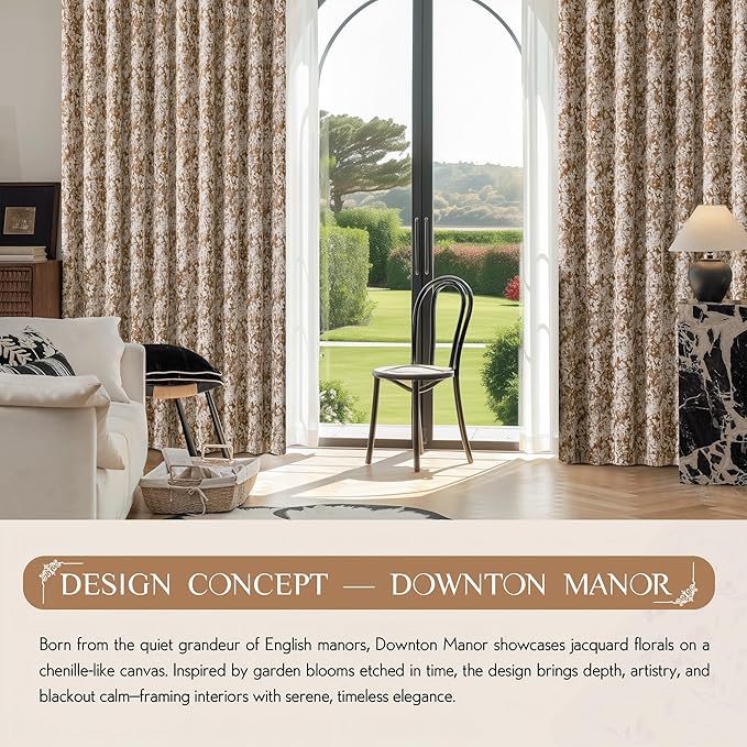 Beauoop Brown Floral Jacquard Blackout Curtains 84 Inches Long 2 Panels for Bedroom Living Room Chenille Flower Room Darkening Thermal Insulated Soundproof Grommet Window Treatments Drapes, 52x84