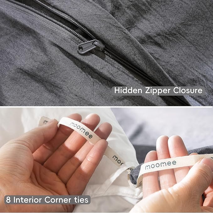 MooMee Bedding Duvet Cover Set 100% Washed Cotton Linen Like Textured Breathable Durable Soft Comfy (Heathered Dark Grey, Twin 68"x90")