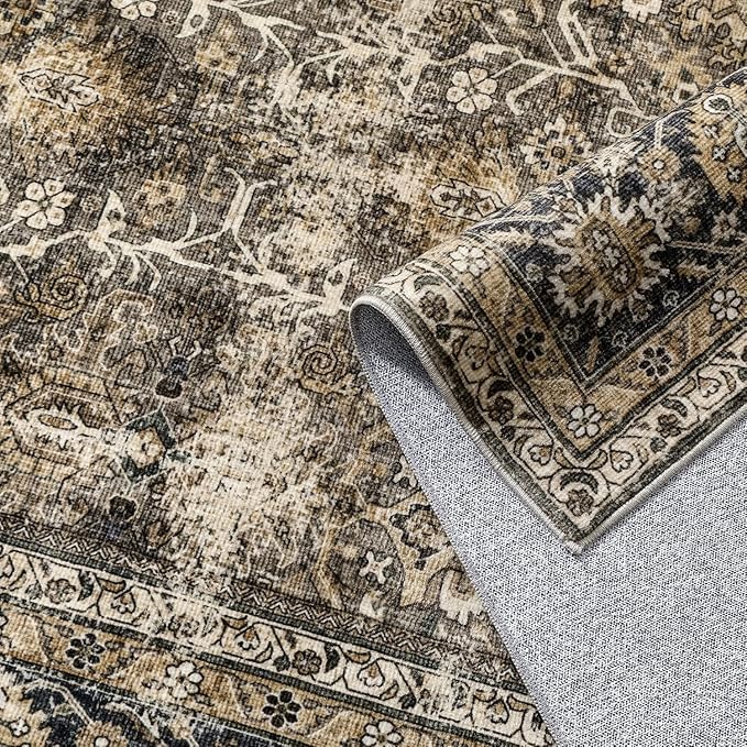 PureCozy Brown Runner Rug 3x7 Vintage Area Carpet Hallway Long Indoor Kitchen Washable Living Room Low Pile Traditional Distressed Retro Accent Throw Rug Non Slip Laundry Bathroom Office Dining Room