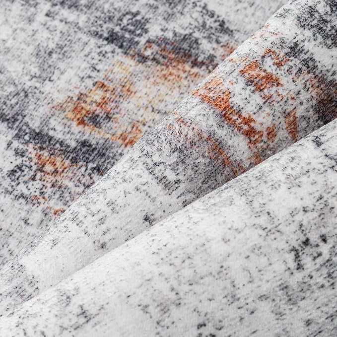 WondRg 6x9 Washable Area Rug Grey Rust Abstract Living Room Bedroom Carpet Neutral Modern Non-Slip Soft Low Pile Lightweight Vacuumable Throw Rug for Dining Room Kitchen