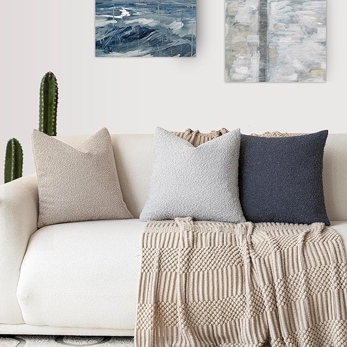 Foindtower Decorative Textured Boucle Throw Pillow Covers Accent Solid Pillow Cases Neutral Soft Cozy Couch Cushion Case for Chair Sofa Bedroom Living Room Home Decor 16x16 Inch,1PC,Light Grey
