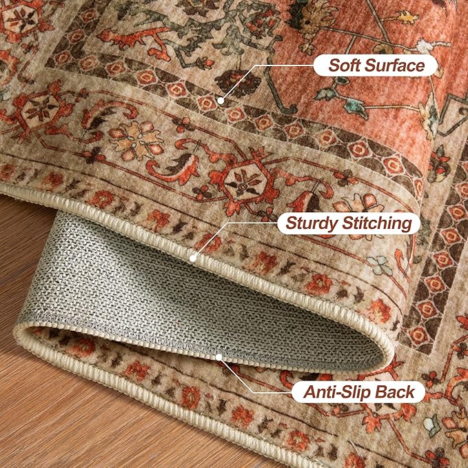 Tangsoo Boho 3x8 Runner Rug for Hallway Long Washable Hallway Runner Rugs, Non Slip Vintage Soft Low Pile Rug Runner, Oriental Terracotta 8ft Carpet Runners for Kitchen Bedroom Entryway Living Room
