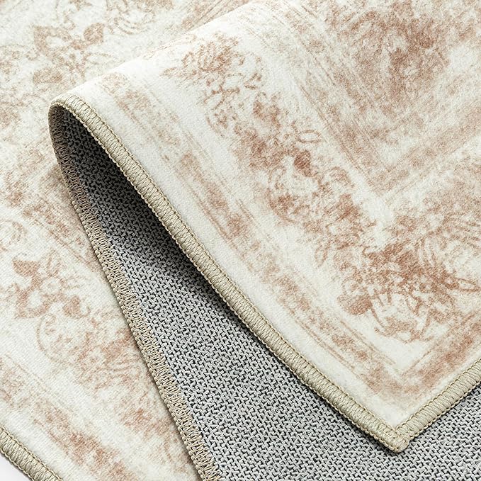 PureCozy Runner Rug 2x10 Cream Hallway Washable Beige Carpet Non Slip Vintage Medallion Beige Carpet Low Pile Soft Distressed Retro Indoor Long Rug for Entryway Kitchen Bathroom Laundry Bedroom