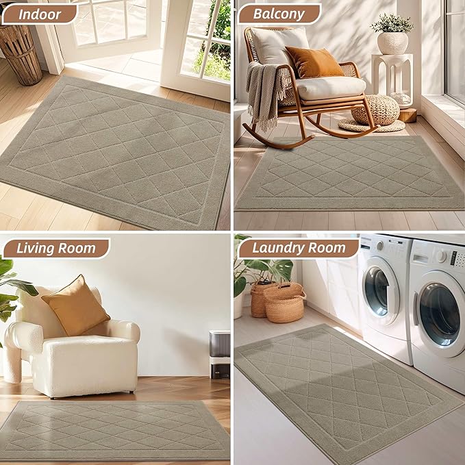 BEQHAUSE Dirt Trapper Door Mat 20" x 32", Doormat Non-Slip Entryway Rugs Washable, Dog Door Mat Stain Resistant and Absorbent Welcome Floor Mat for Front Back Door, Mud Wet Shoes & Paws, Beige