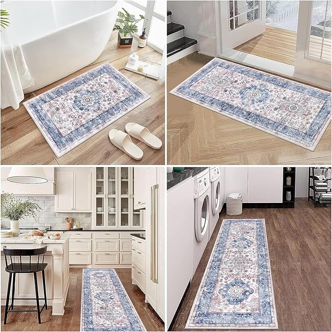 Pauwer Kitchen Rugs Sets of 3 Non Slip Washable Kitchen Mats for Floor Farmhouse Kitchen Floor Mat Runner Rug Boho Kitchen Sink Rug Carpet for Kitchen Hallway Laundry Room, Blue