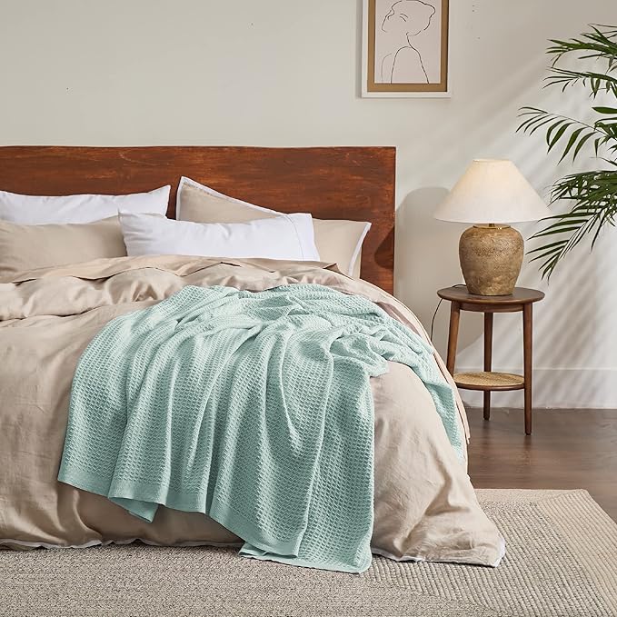 Bedsure Gentlesoft 100% Cotton Blanket Twin XL Size for College Dorm - Breathable and Soft for Spring Summer, Waffle Weave Twin Blanket for Bed, Dorm Room Essentials, Mint, 66x90 inches