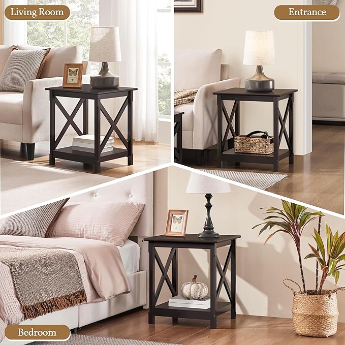 Yaheetech X Design End Table with 2-Tier Storage Shelf, Pine Wood Legs Simplistic Design Sturdy Sofa Side Table with Storage for Living Room Small Space, Dark Coffee