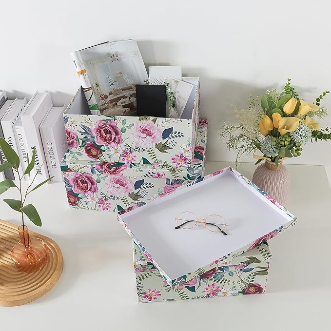 Soul & Lane Decorative Cardboard Storage Boxes with Lids for Home Decor and Organization, Set of 3 Large Keepsake Boxes for Memories & Gifts, Nesting Floral Photo Storage Containers, Floral Luxe