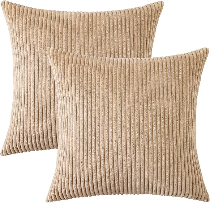 Mecatny Corduroy Decorative Throw Pillow Covers 22x22 Set of 2 for Sofa Living Room, Soft Neutral Boho Couch Pillow Covers for Home Decor, Khaki