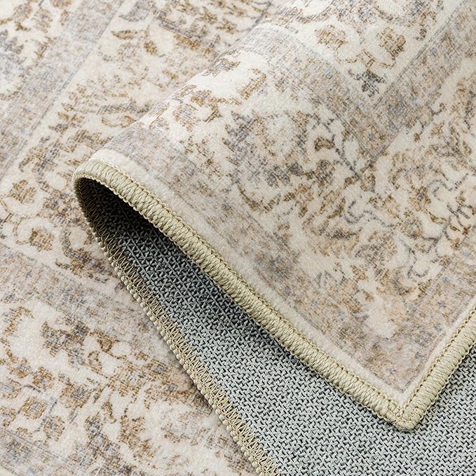 PureCozy Light Brown Area Rug 5x7 Machine Washable Vintage Living Room Distressed Non Slip Carpet Traditional Indoor Bedroom Retro Floral Accent Throw Large Rug Office Kitchen Bathroom Dining Room