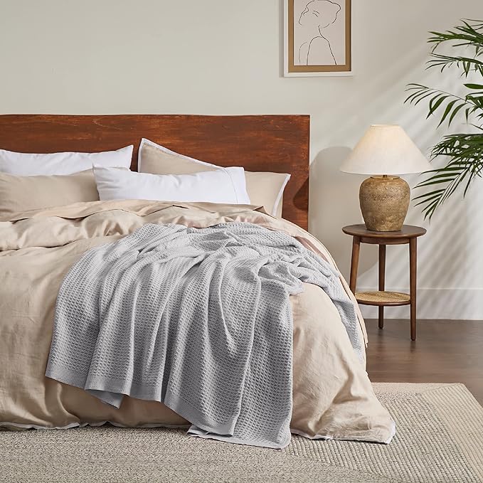 Bedsure Gentlesoft 100% Cotton Blanket Twin XL Size for College Dorm - Breathable and Soft, Waffle Weave Twin Blanket for Summer, Dorm Room Essentials, Grey, 66x90 inches