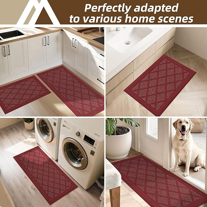 COSY HOMEER Kitchen Mats, 2 PCS Kitchen Rug Non Slip Washable, Absorbent Runner Rugs for Kitchen Floor, 100% Polypropylene Kitchen Sink Rug 20"x32" + 20"x48"(Red)