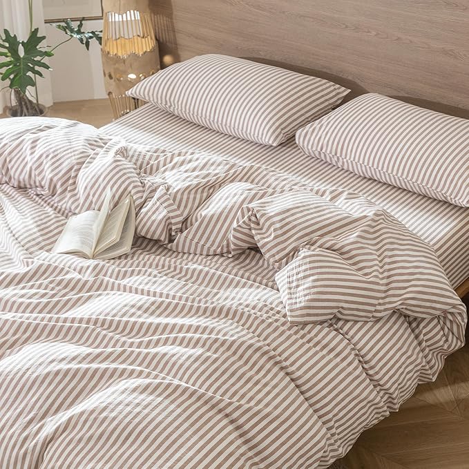 MooMee Striped Duvet Cover Set 100% Washed Cotton Linen Like Textured Breathable Durable Soft Comfy (Orange Classic Stripes, Cal King 104"x98")
