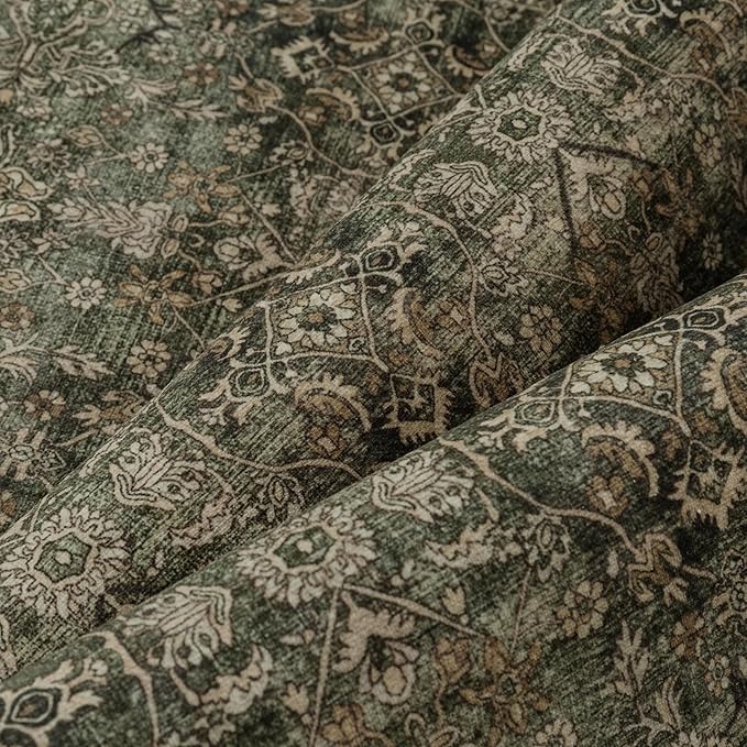 PureCozy Area Rug 5x7 Green Brown Washable Vintage Living Room Carpetb Traditional Distressed Bedroom Indoor Soft Non Slip Large Rug Retro Thin Low Pile Floor Cover for Office Dining Room