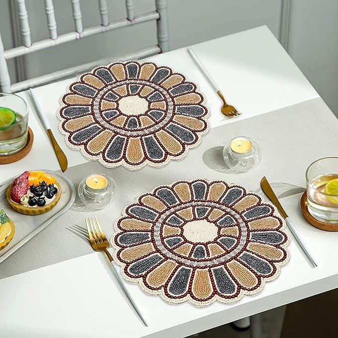 Beaded Charger 13 inch Placemats Round – Floral Calendula Design in Grey Gold Ivory, Handmade Dining Table Mat, Holiday, Christmas, Wedding, Decorative Table Bedding Craft