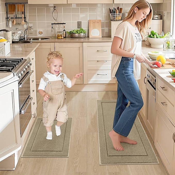 JSEI Non-Slip Kitchen Mats, Self Adhesive No Sliding Kitchen Rugs Set of 2, Washable Absorbent Floor Mat for Kitchen, Bathroom, Laundry Room, Bedroom, 20”x32”+32”x48”, Beige, Rectangular Pattern