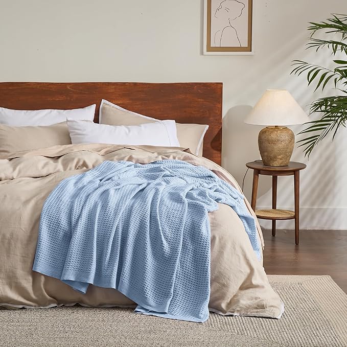 Bedsure Gentlesoft 100% Cotton Large Throw Blanket for Couch 50x70 inches - Breathable and Soft for Spring Summer, Waffle Weave Throw Blanket for Office, Sky Blue
