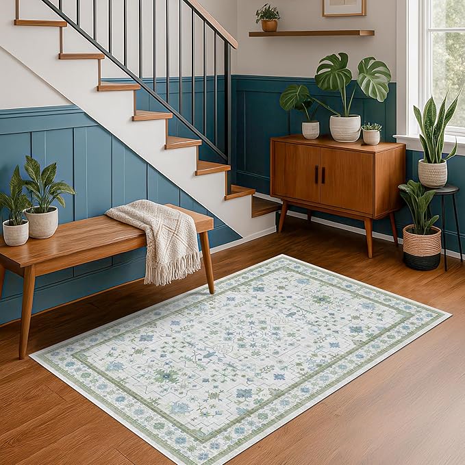 Hazo Haus Blue and Green Washable Rugs for Living Room - 4x8 Vintage Boho Floral Pastel Cream, Washable Low Pile Non Slip Area Rug for Bedroom Beside Bed, Door Mat Indoor Entrance, Kitchen, Decor