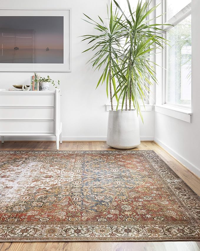 Loloi Layla Collection LAY-05 Ocean/Multi 5'-0" x 7'-6" .13" Thick Area Rug, Soft, Durable, Vintage Inspired, Distressed, Low Pile, Non-Shedding, Easy Clean, Printed, Living Room Rug
