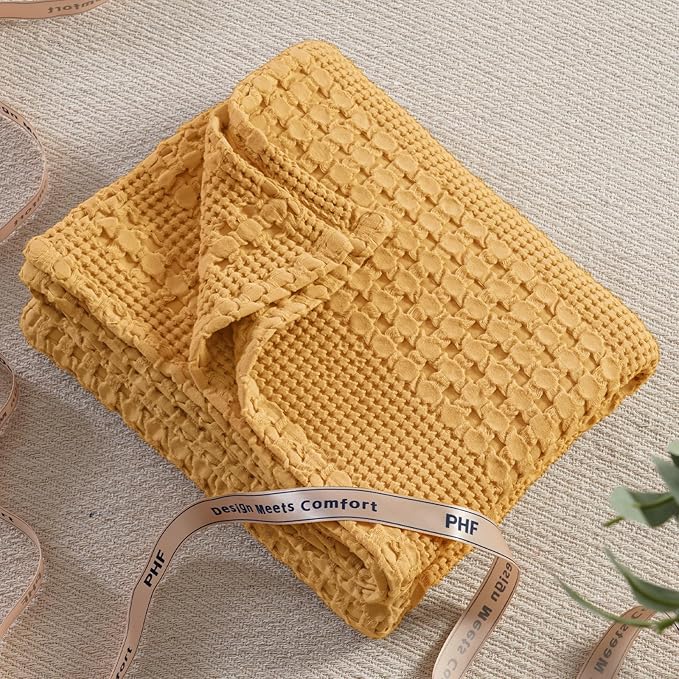 PHF 100% Cotton Waffle Weave Throw Blanket, Soft Lightweight Breathable Cozy Throws for Couch Bed Sofa, 300 GSM Luxury Aesthetic Blanket Gift for Home Decor & Office, 50"x60", Pumpkin Orange