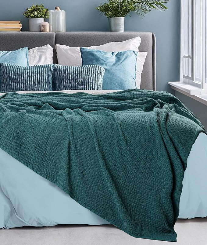HILLFAIR 100% Cotton Blanket King Size for Bed, Soft Lightweight & Breathable Summer King Size Cotton Blankets, Premium Cozy Throw Layers for Bed, Couch and Sofa: Wedgewood (90"x108")
