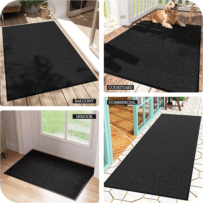 Front Door Mat 3' x 5', Low Profile Heavy Duty Door Mat Outside Entrance, Non-Slip Large Commercial Floor Mat, Absorbent & Resist Dirt, Easy Clean Welcome Entry Mat Indoor Outdoor, Black