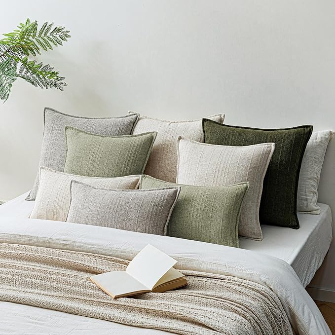 a moment Linen Pillow Covers Set of 2,Boho Farmhouse Throw Pillowcases Neutral Textured Decorative Covers for Couch Sofa,Linen Blend Accent Case Cushion Living Room Home Decor 22"x22"Seeding Green